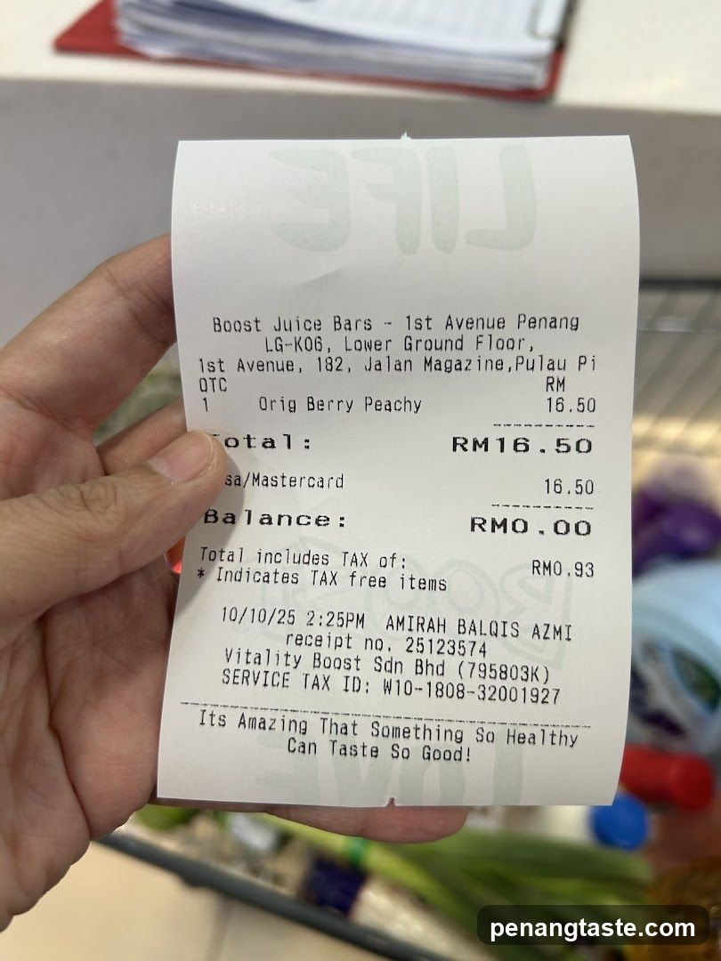 Receipt from Boost Juice Bars