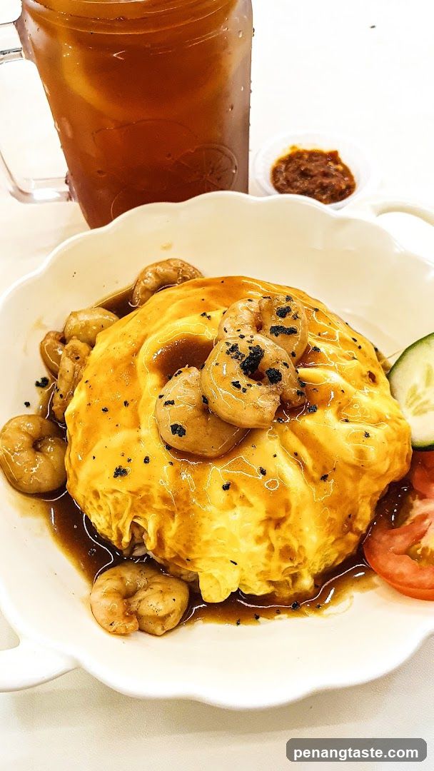 Shrimp Omelette Dish with Iced Tea