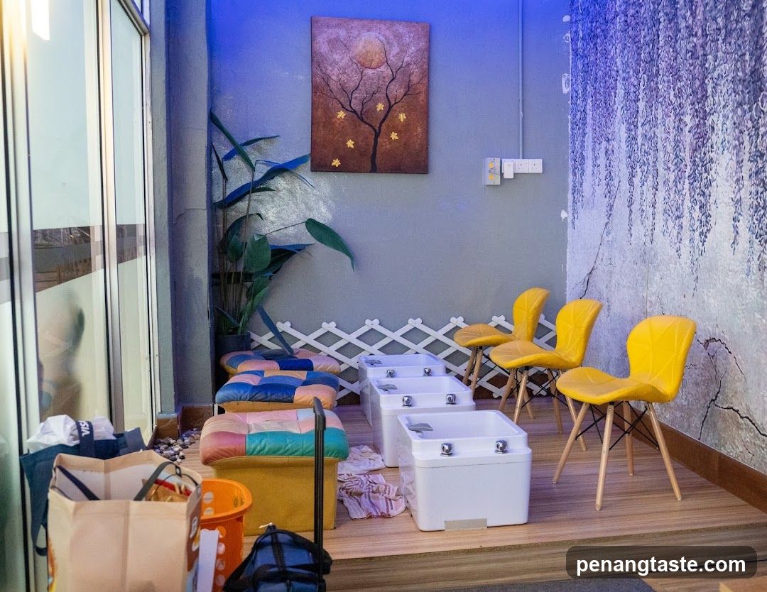 Interior Lounge Area with Yellow Chairs and White Containers