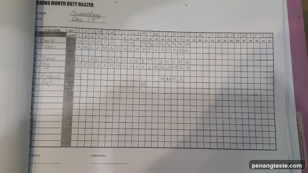 Queensbay Monthly Duty Roster