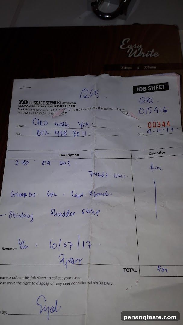 Job Sheet from ZO Luggage Services