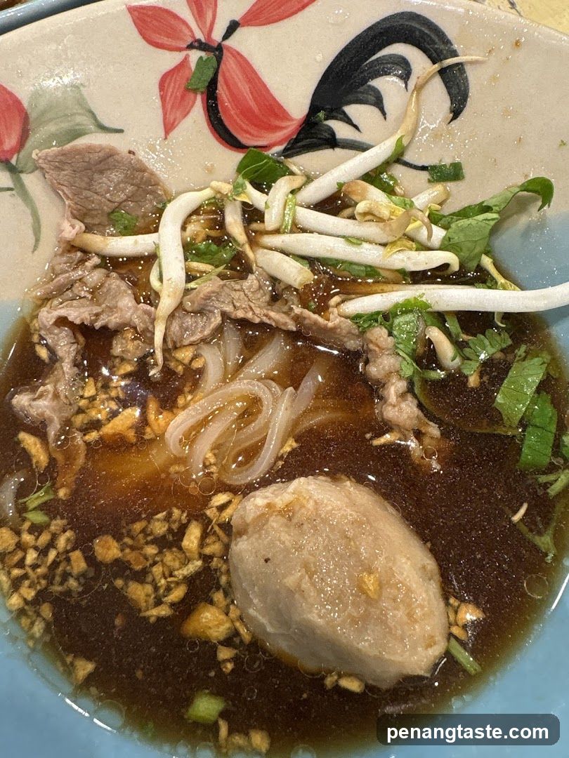 Bowl of Noodle Soup with Meatball and Bean Sprouts