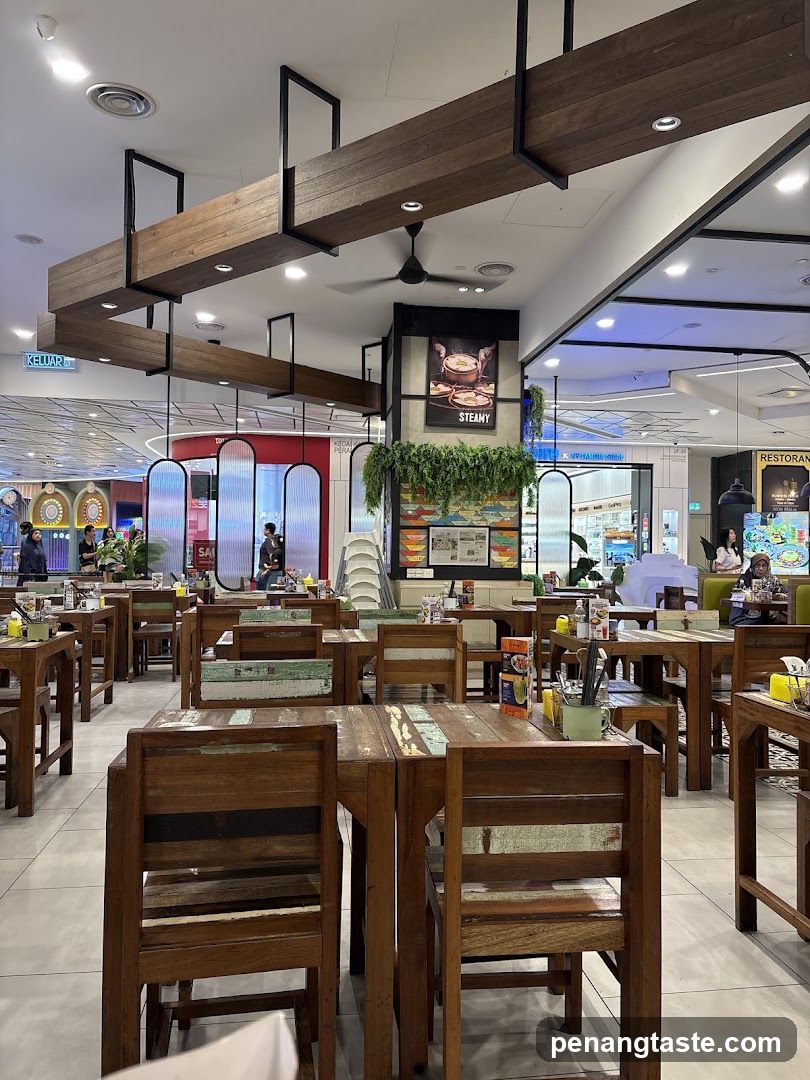 Restaurant Interior with Wooden Furniture and Hanging Decor