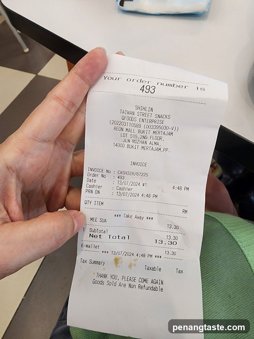 Receipt from Shihlin Taiwan Street Snacks