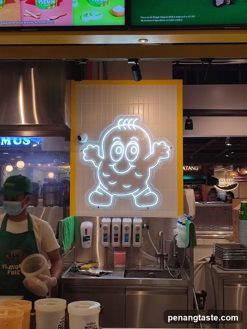 Food Stall Interior with Neon Sign