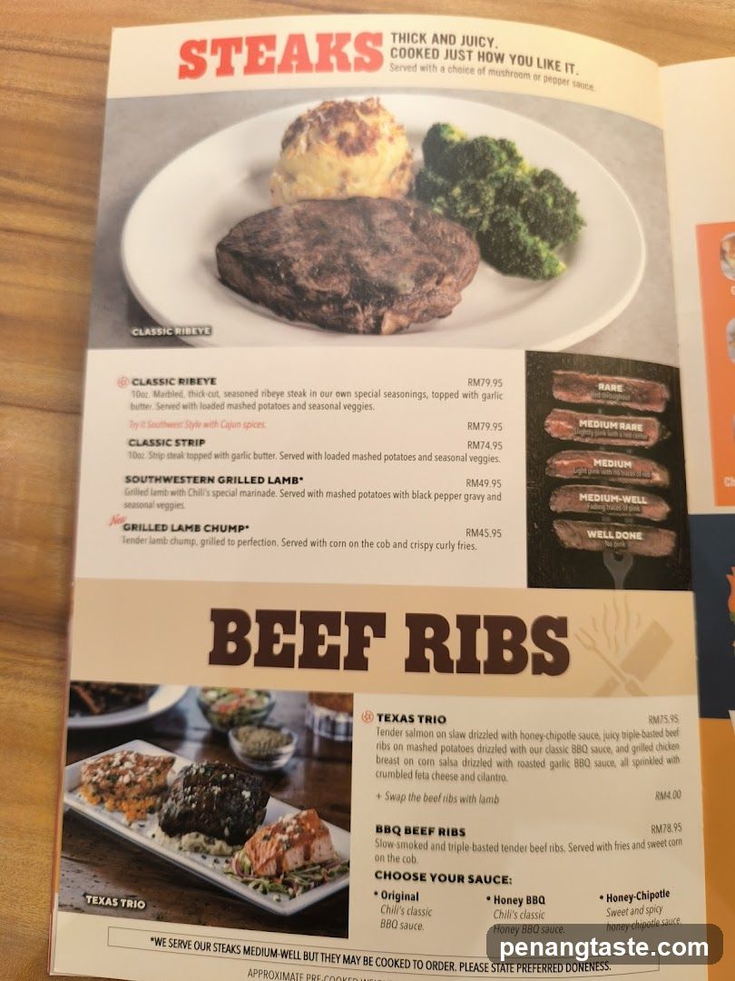 Steaks and Beef Ribs Menu Page