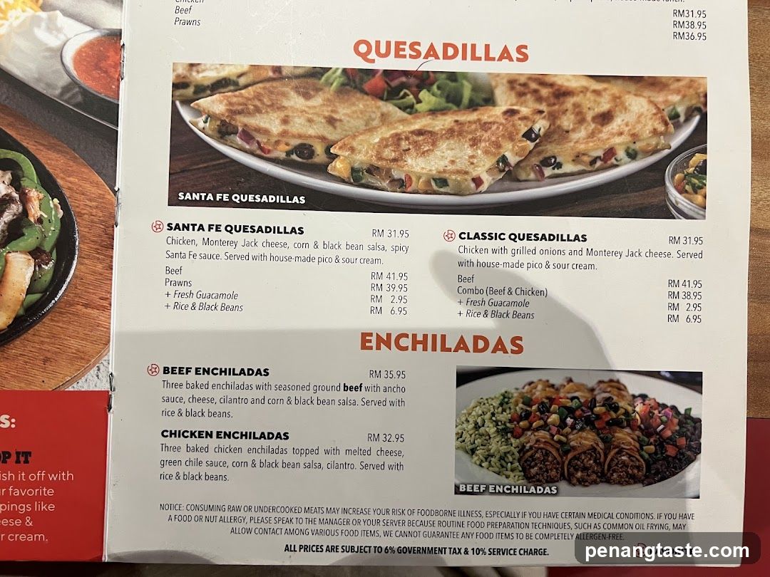 Quesadillas and Enchiladas Menu