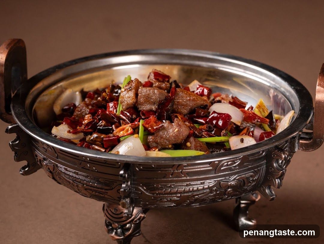Spicy Stir-Fry Dish in Ornate Metal Bowl