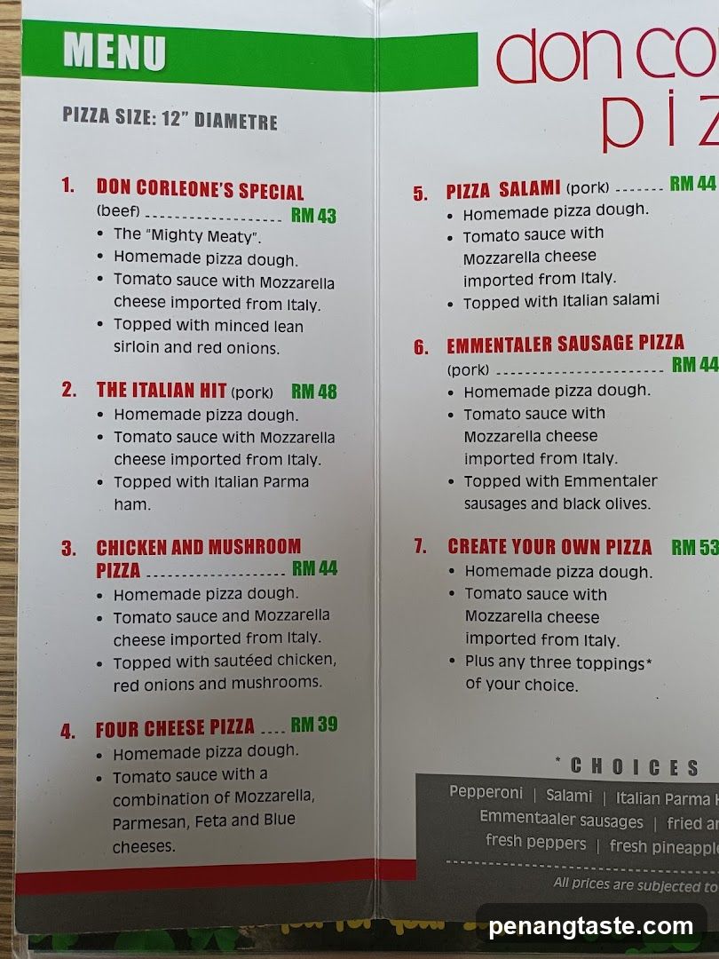 Don Corleone's Pizza Menu
