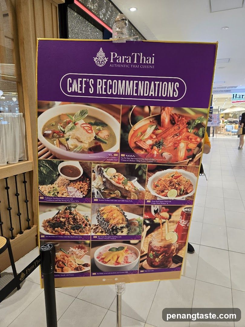 Para Thai Chef's Recommendations Sign
