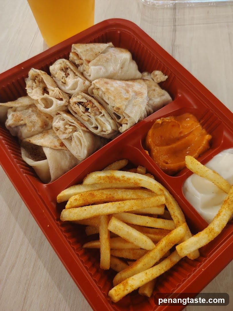 Food Tray with Wraps, Fries and Sauces