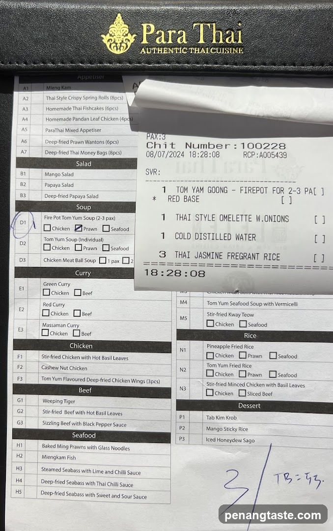 Para Thai Receipt and Menu