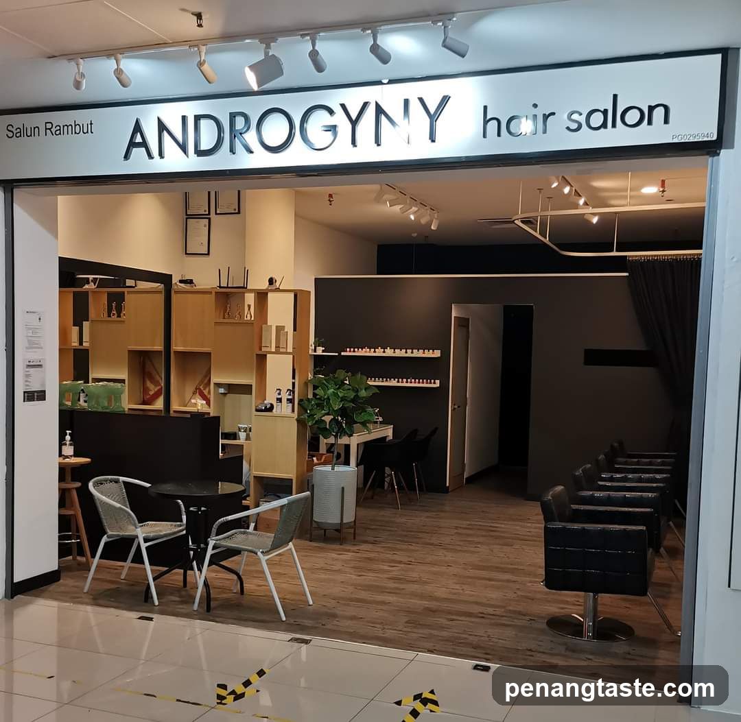 The image shows the storefront of Androgyny Hair Salon, featuring a modern and clean design with wooden flooring inside. The shop has large glass windows allowing natural light to enter, enhancing the welcoming ambiance. Inside, there are multiple hair styling stations equipped with black chairs and mirrors. A reception desk is visible on the left side, along with shelves displaying various products. The interior decor includes potted plants adding a touch of greenery. Outside, the entrance is marked by a signboard that reads 'ANDROGYNY hair salon' in bold letters.