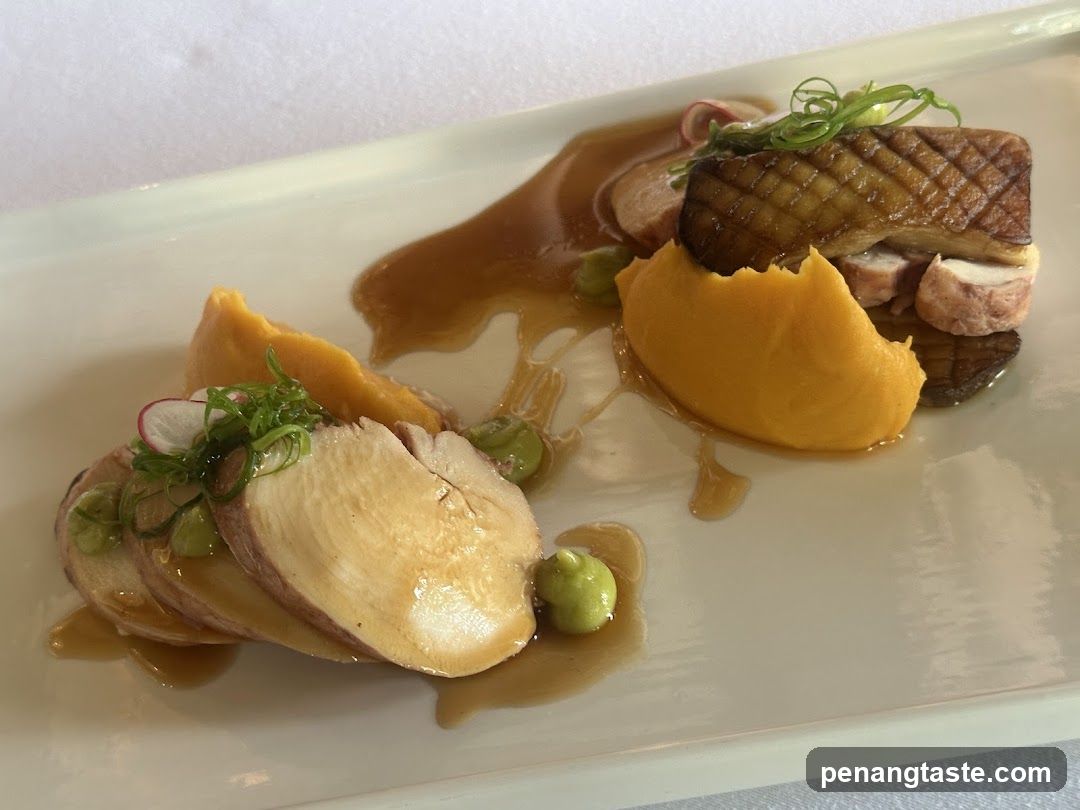 Plated Food Dish with Duck and Mango