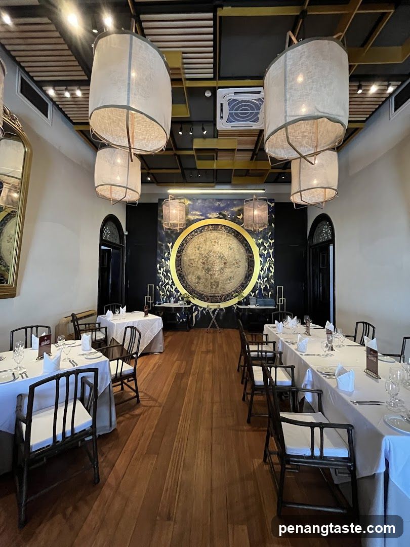 Restaurant Interior with Decorative Ceiling and Wall Art