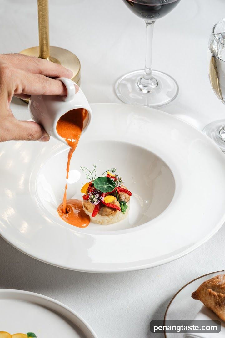 Sauce being poured onto a plated dish
