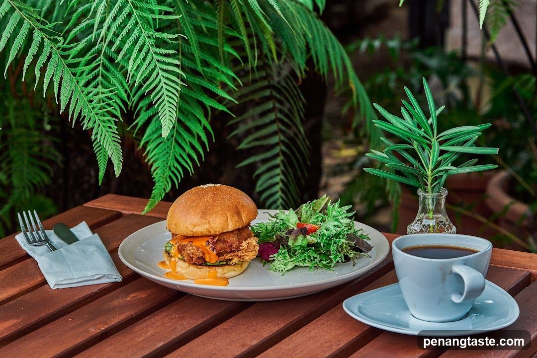 Outdoor Dining Scene with Burger and Salad