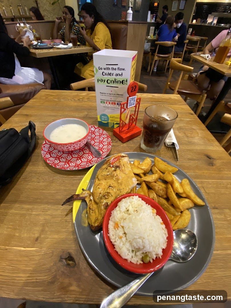 Restaurant Table with Meal and Signage