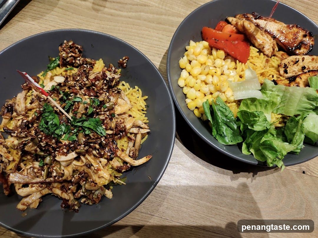 Two bowls of food on a wooden table