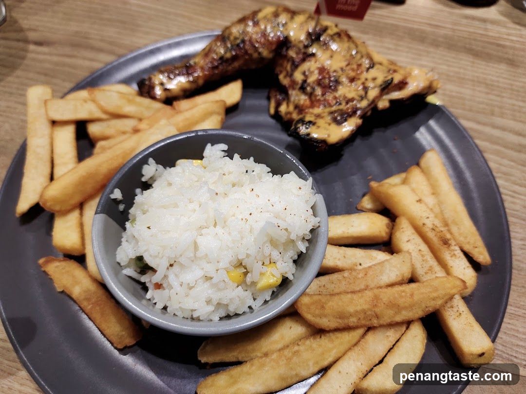 Grilled Chicken Meal with Fries and Rice