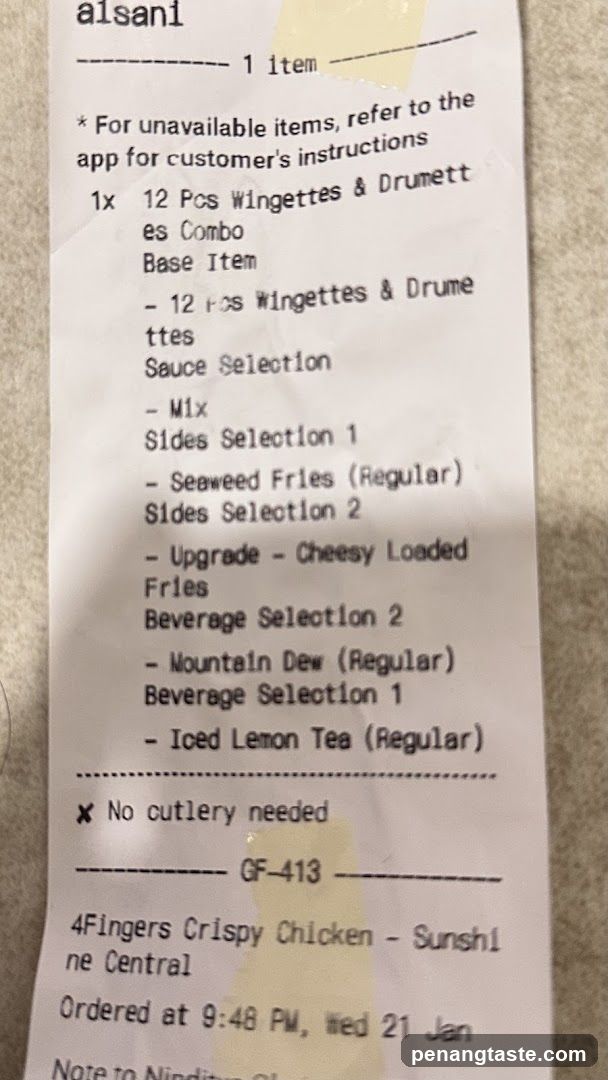 Receipt from 4Fingers Crispy Chicken - Sunshine Central
