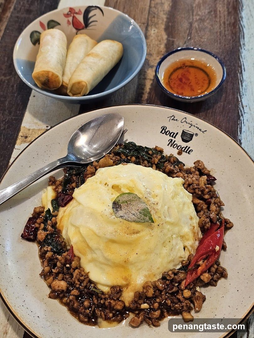 Boat Noodle Dish with Spring Rolls