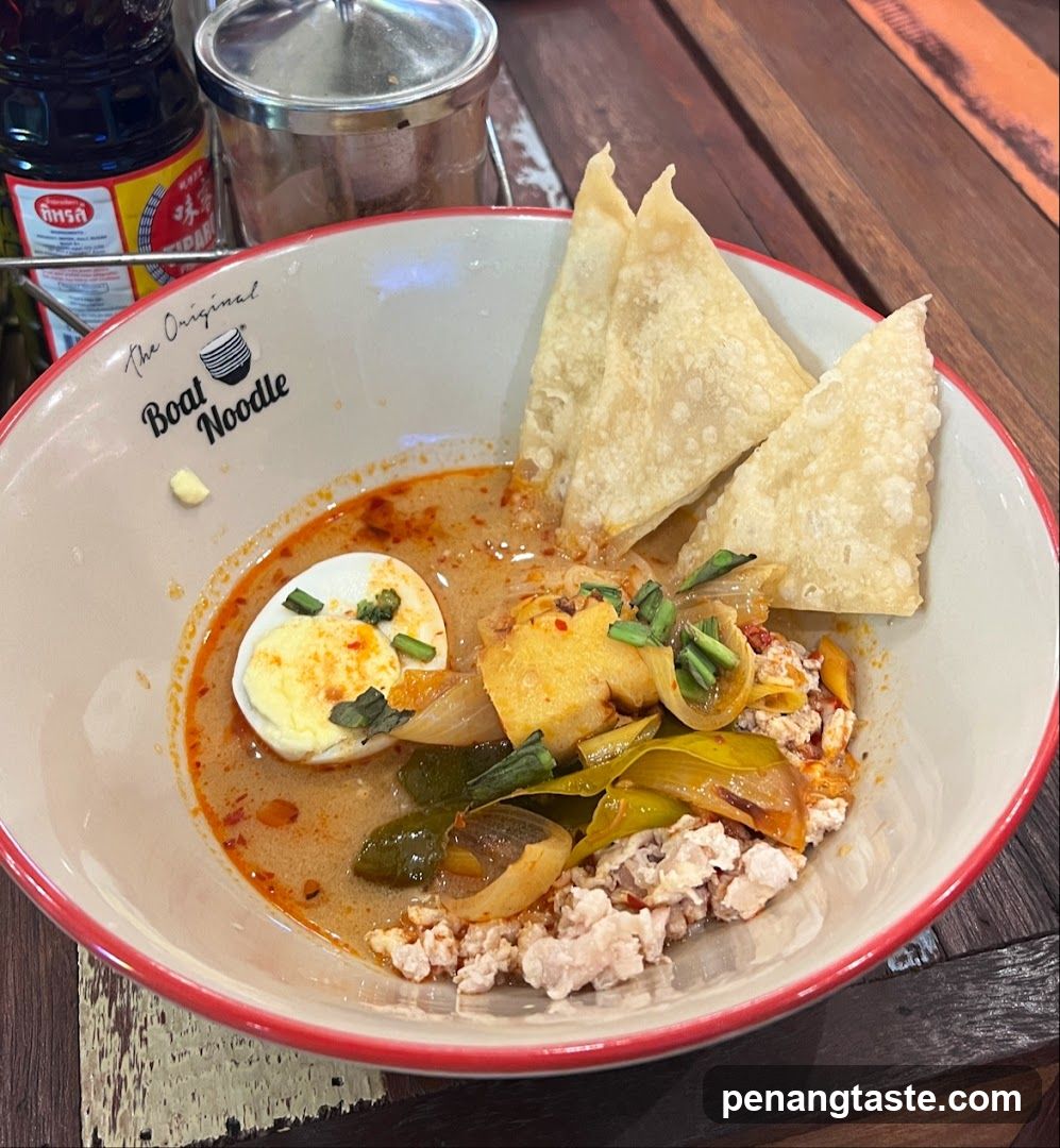Boat Noodle Bowl with Egg and Crispy Wontons