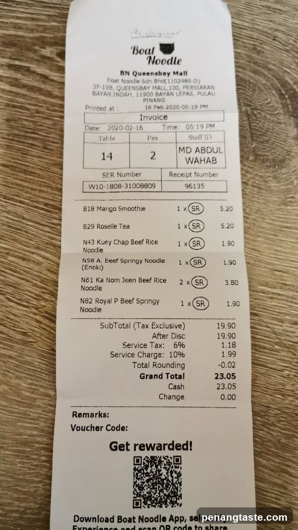Receipt from Boat Noodle BN Queensbay Mall