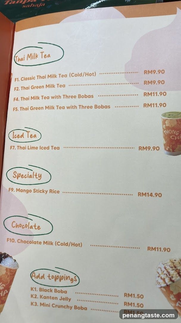 Thai Milk Tea Menu