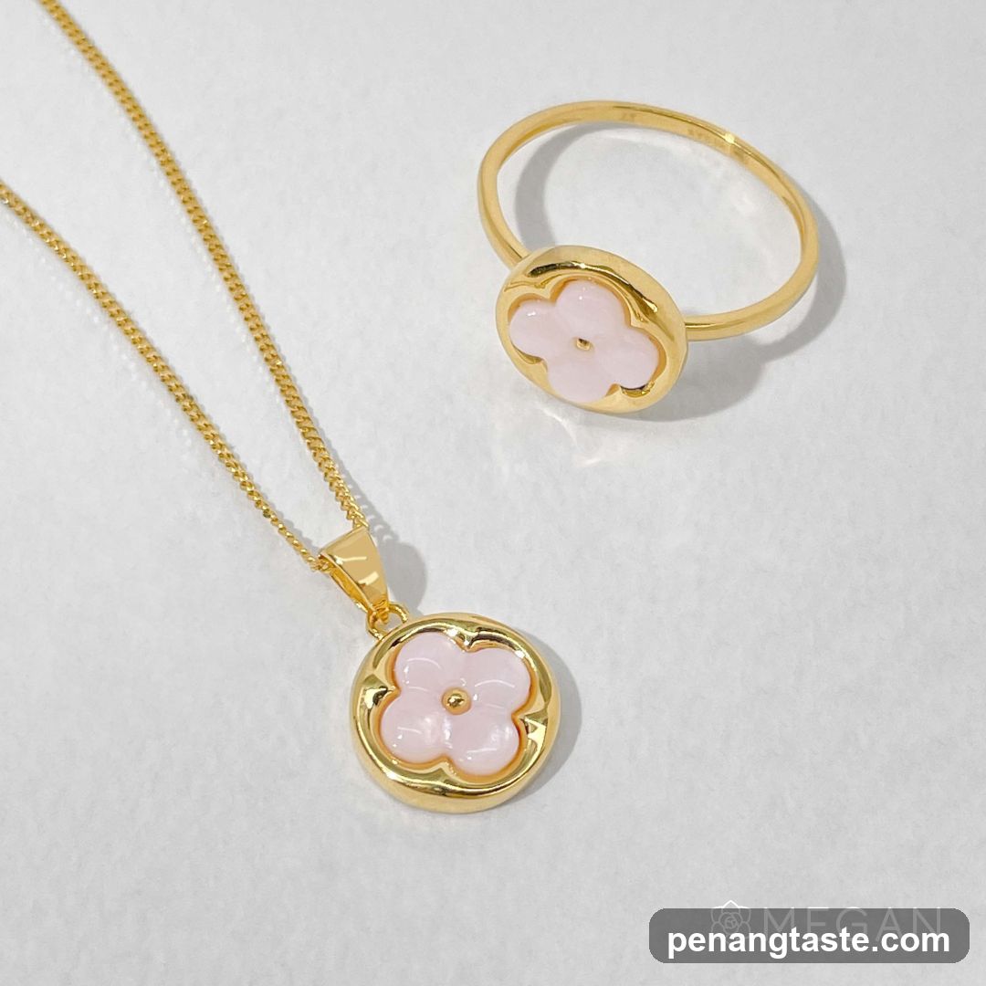 Gold Jewelry Set with Pink Flower Pendant and Ring