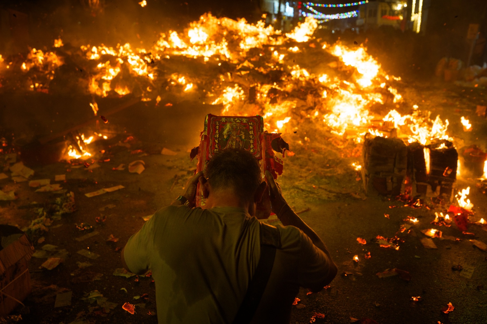 Paper offerings burned during Hungry Ghost Festival in Bukit Mertajam, Penang
