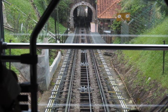 Interior of the Penang Hill funicular railway car ascending the steep incline