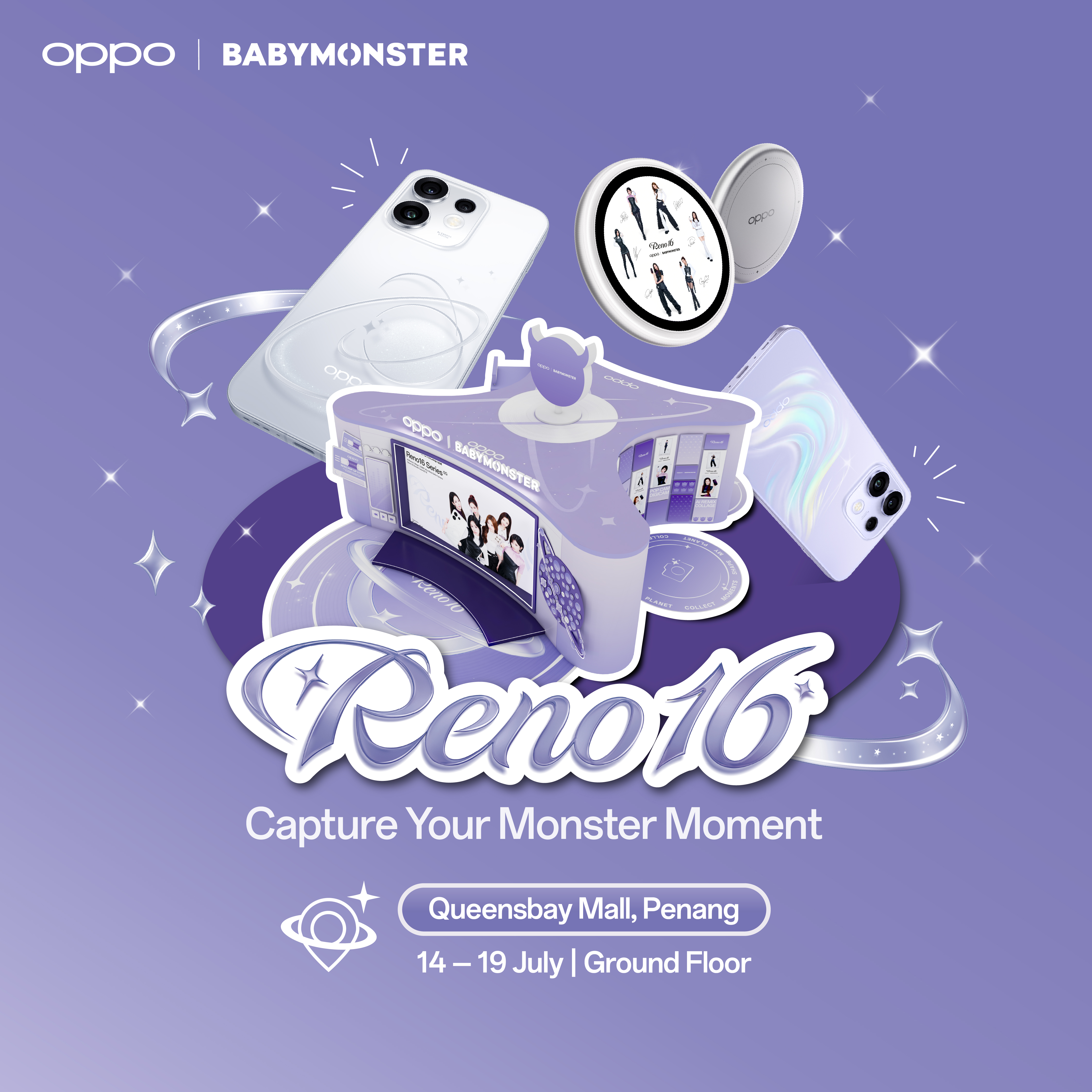 OPPO x BABYMONSTER Reno16 pop-up roadshow at Queensbay Mall atrium, Penang, July 2026